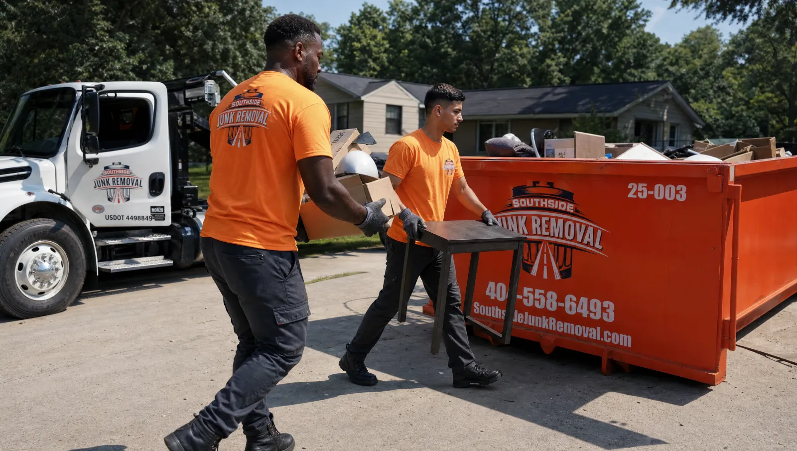 Southside Junk Removal crew loading junk into a dumpster